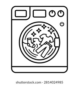 Washing machine line icon with clothes inside appliance cleaning domestic housework household clothing electrics technology monochrome