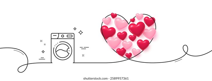 Washing machine line icon. Continuous line big heart. Laundry service sign. Clothing cleaner symbol. 3d hearts in heart shaped loop. Washing machine single line ribbon. Loop curve pattern. Vector