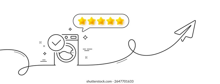 Washing machine line icon. Continuous line with share plane. Wash laundry sign. Washable cleaner symbol. Five star rate review in speech bubble. Washing machine single line ribbon. Vector