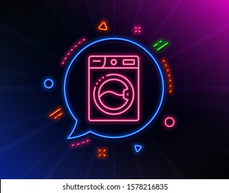 Washing machine line icon. Neon laser lights. Laundry service sign. Clothing cleaner symbol. Glow laser speech bubble. Neon lights chat bubble. Banner badge with washing machine icon. Vector