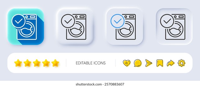 Washing machine line icon. Neumorphic, Flat shadow, 3d buttons. Wash laundry sign. Washable cleaner symbol. Line washing machine icon. Social media icons. Vector