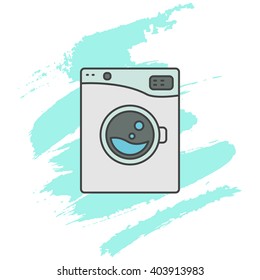Washing machine line icon sign. Outlined automatic washer symbol. Blue aqua brush strokes on background.