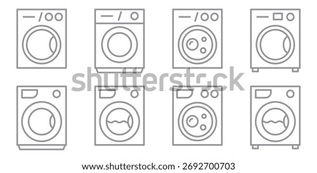 Washing machine line icons set isolated on transparent background. Laundry and cleaning symbols in minimal style. Editable stroke.