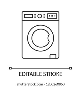 Washing machine linear icon. Laundry machine. Thin line illustration. Washer. Household appliance. Contour symbol. Vector isolated outline drawing. Editable stroke