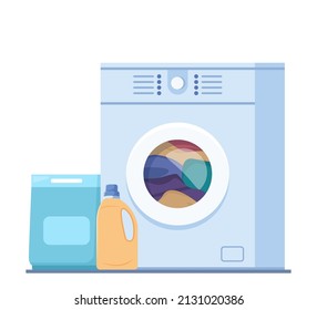 Washing machine with linen in it and cleaning products, washing powder and conditioner. Clothing wash vector concept illustration