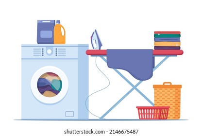 Washing machine with linen in it, cleaning products. Iron and clothes on ironing board, laundry basket. Housekeeping, cleanliness concept. Flat vector illustration