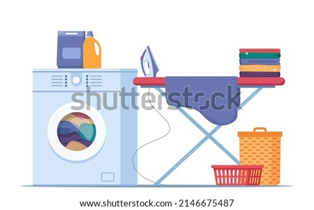 Washing machine with linen in it, cleaning products. Iron and clothes on ironing board, laundry basket. Housekeeping, cleanliness concept. Flat vector illustration