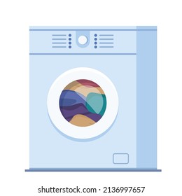 Washing machine with linen in it. Clothing wash vector concept illustration