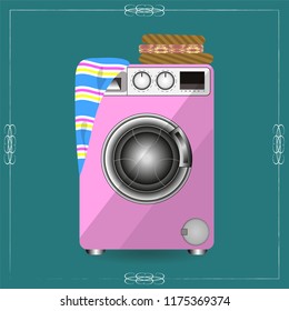 Washing machine with linen, lying on top. Vector illustration in a graceful frame