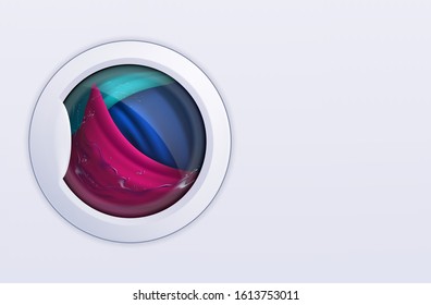 Washing machine with linen and washing powder. Washer with laundry detergent. Vector illustration.