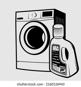 Washing Machine and Liquid laundry detergent isolated on white background. Flat style vector illustration