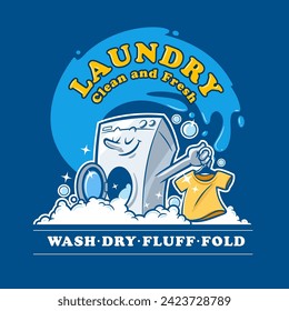 washing machine mascot cartoon laundry washes t-shirt with bubbles