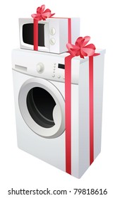 washing machine and microwave with red gift ribbon, vector