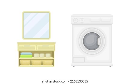 Washing Machine and Mirror with Chest of Drawers as Household Appliance for Laundry Vector Illustration Set