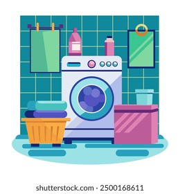 Washing machine, mirror, towel, laundry basket and cleaning products. Simple vector illustration in cartoon style on a white background.