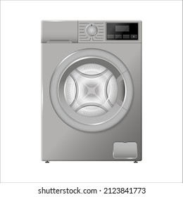 Burla de lavadora. Diseño plano. Lavadora moderna, lavandería 3d, lavadora para las tareas domésticas. Equipamiento vectorial de baño para el lavado de ropa.
