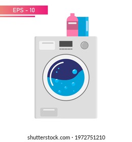 Washing machine, modern technology, during operation. Realistic design.. Household appliances for the home. On a white background. Flat vector illustration.