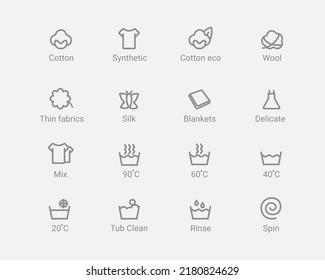 Juego de iconos de los modos de lavado. Interfaz para seleccionar el nivel y la calidad del lavado para seda y algodón con resolución vectorial de temperatura