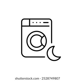 Washing machine and moon symbol. Quiet cycle. Sleep-friendly night mode. Pixel perfect, editable stroke icon