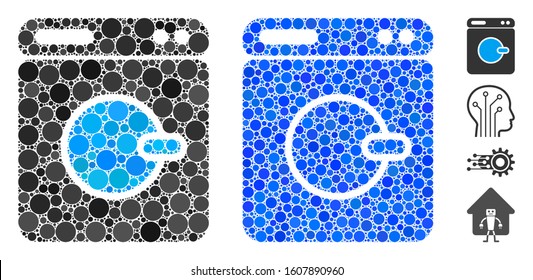 Washing machine mosaic of round dots in different sizes and color hues, based on washing machine icon. Vector round dots are combined into blue mosaic.