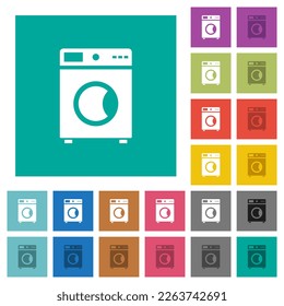 Washing machine multi colored flat icons on plain square backgrounds. Included white and darker icon variations for hover or active effects.