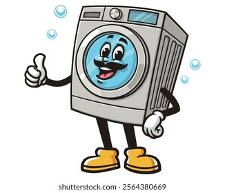 Washing Machine with mustache,  Cartoon Character Mascot Illustration Vector Clip-art Hand-drawn Logo Design