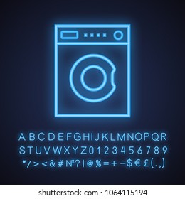 Washing machine neon light icon. Laundry machine. Glowing sign with alphabet, numbers and symbols. Vector isolated illustration