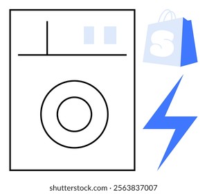 A washing machine next to a shopping bag and a lightning bolt. Ideal for technology, home appliances, online shopping, energy efficiency, and modern living themes. Minimalistic outline style