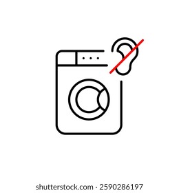 Washing machine and no ear symbol. Silent mode, quiet operation, no voice control or sound alerts. Ultra quiet appliances performance for indoor comfort. Pixel perfect, editable stroke vector icon