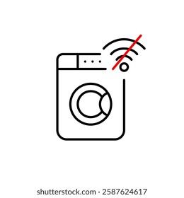 Washing machine and no wi-fi symbol. Manual operation only. Smart home laundry disconnected. Pixel perfect, editable stroke vector icon