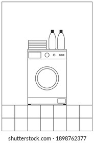 Lavadora en suelo de baldosa. Imagen monocroma sobre fondo blanco.