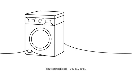 Waschmaschine mit einer Linie durchgehend zeichnen. Reinigungswerkzeuge durchgehende einzeilige Abbildung. Lineare Vektordarstellung.