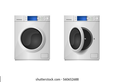 Washing machine with open and close door. Design of home appliances. Isolated Illustration on white background in realistic style
