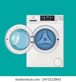 Washing machine with open and closed door icon. Vector illustration in flat style