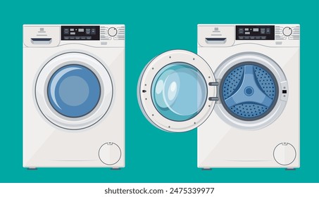 Washing machine with open and closed door icon. Vector illustration in flat style