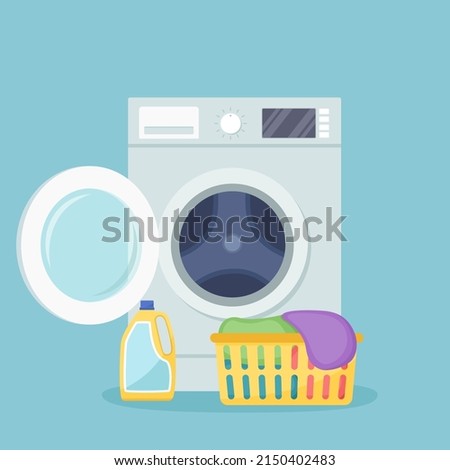 Washing machine with open door, basket with dirty linen, detergent. Vector illustration
