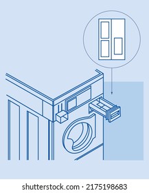 washing machine, open powder tray, diagram drawing line graphics. Vector illustration