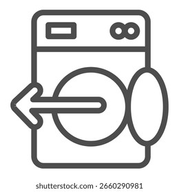 Máquina de lavar com tampa aberta e ícone de linha de seta, conceito de lavagem. Gráficos vetoriais. Máquina para lavar, descarregar sinal sobre fundo branco, ícone de estilo de contorno para design móvel ou web