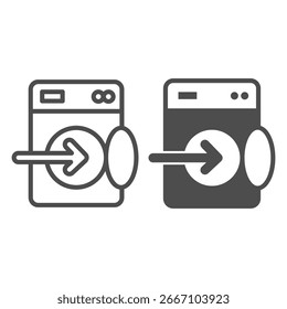 Washing machine with opened lid and arrow line and solid icon, washing concept. Vector graphics. Machine for washing, loading sign on white background, outline style icon for mobile or web design