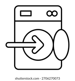 Lavadora con tapa abierta y flecha icono de línea delgada, concepto de lavado. Gráficos de Vector. Máquina para lavar, señal de carga sobre fondo blanco, icono de estilo de contorno para móvil o Diseño web