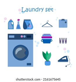 Washing Machine and other Laundry Stuff. Flat cartoon vecrot illustration. Laundry icon set. Clean clothing.