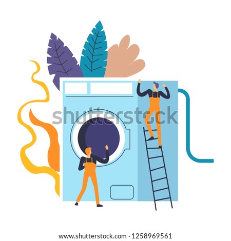 Washing machine people professional experts dealing with problems vector plumbers fixing damage at home device and home appliances breakdown service of handymen foliage and floral decor.