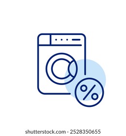 Máquina de lavar e por cento. Ofertas de lavandaria, vendas de eletrodomésticos. Ícone de vetor perfeito de pixel