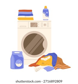 Washing machine and pile of dirty laundry. Flat vector isolated illustration