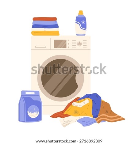 Washing machine and pile of dirty laundry. Flat vector isolated illustration
