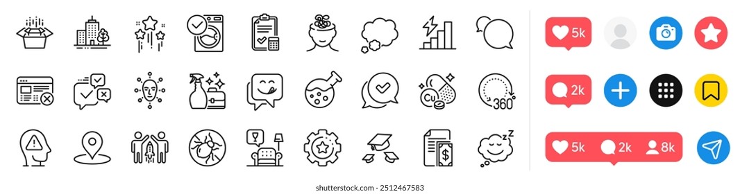 Washing machine, Pin and Bed bugs line icons pack. Social media icons. Anxiety, Face biometrics, Talk bubble web icon. Chemistry lab, Settings gear, Packing boxes pictogram. Vector