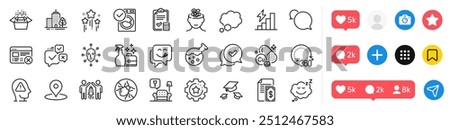 Washing machine, Pin and Bed bugs line icons pack. Social media icons. Anxiety, Face biometrics, Talk bubble web icon. Chemistry lab, Settings gear, Packing boxes pictogram. Vector