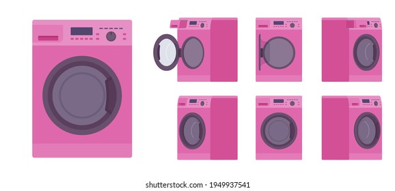 Washing Machine pink set, laundry clothes washer home appliance. Front loader automatic modern household equipment. Vector flat style cartoon illustration isolated on white background, different view