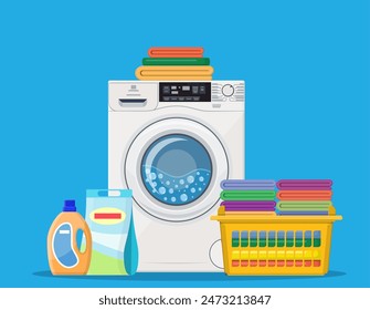 Washing machine Plastic basket with bright towels. Powder and cleanser. Vector illustration in flat style