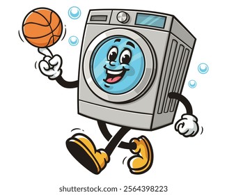 Washing Machine playing Basketball,  Cartoon Character Mascot Illustration Vector Clip-art Hand-drawn Logo Design
